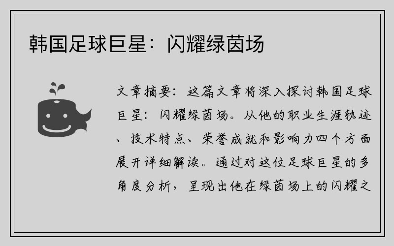 韩国足球巨星：闪耀绿茵场